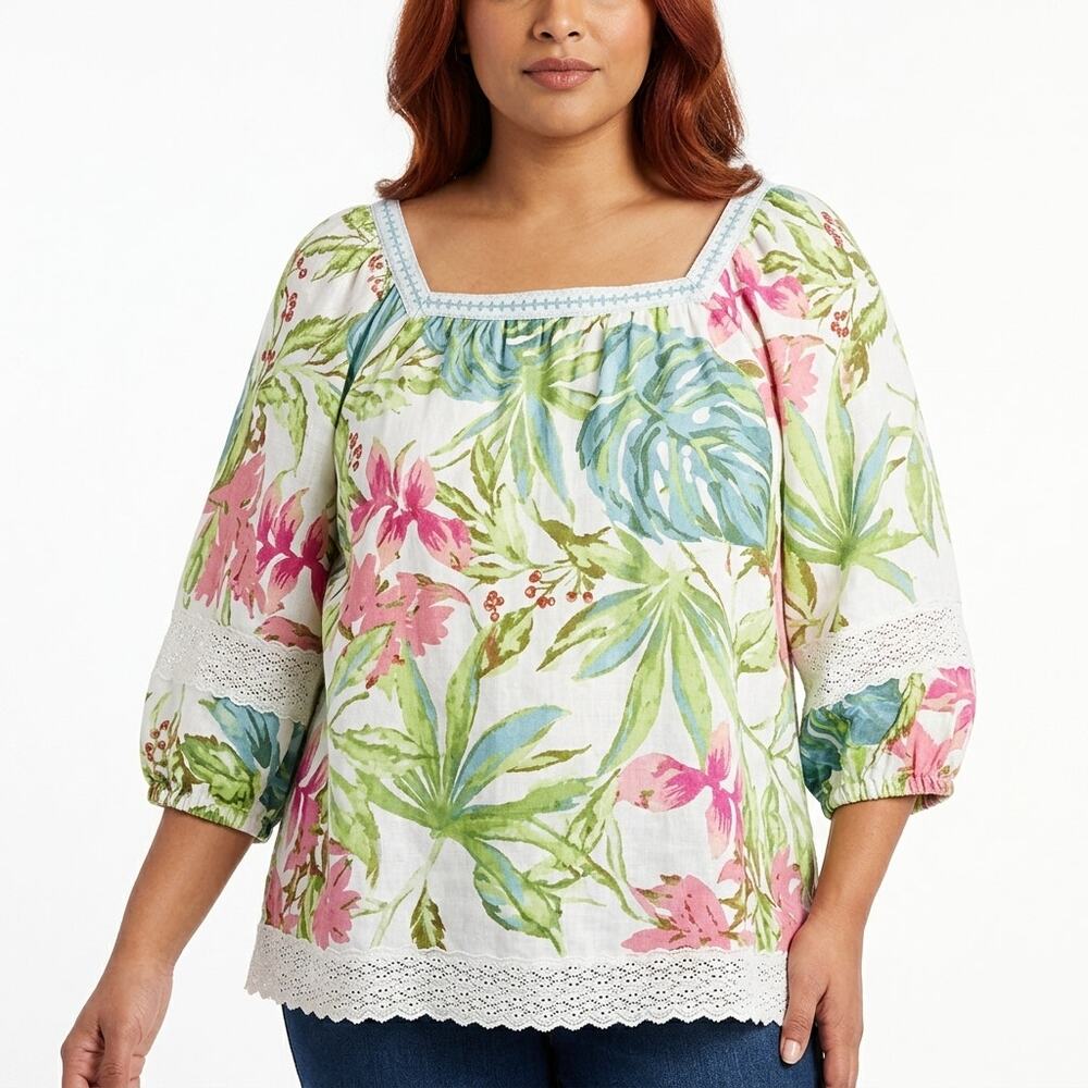 NWT nicole miller NEW YORK Linen White Floral Lightweight Blouse Women Size 1X